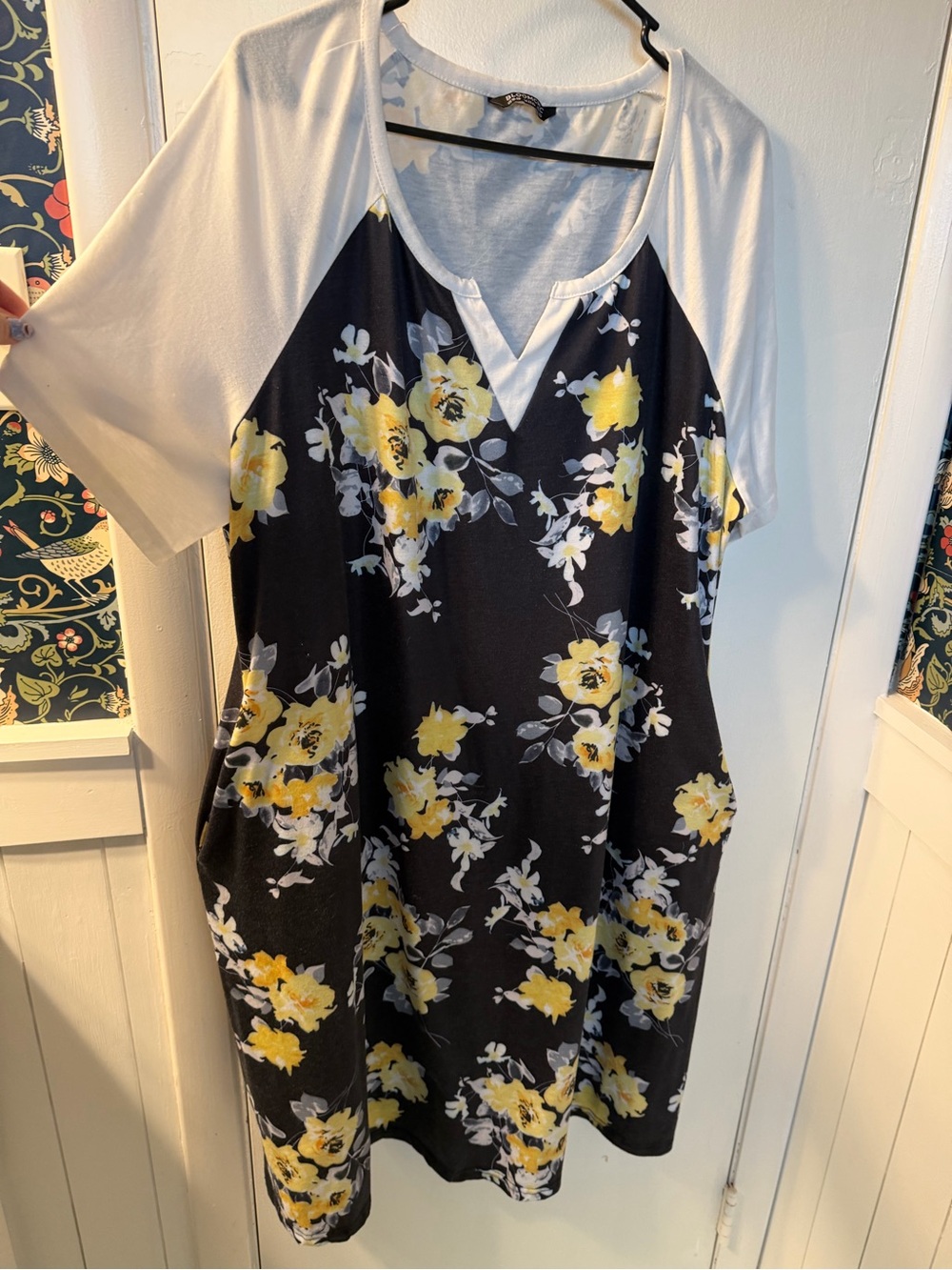 BloomChic Black Midi Dress with Yellow Floral Print and White Raglan Sleeves